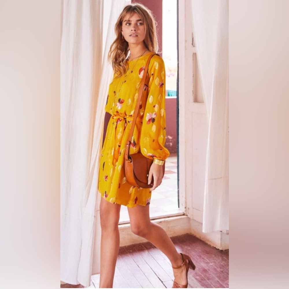 Sezane | Aurelia Mustard Floral Long Sleeve Dress